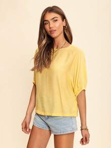 Coeurva Women's Casual Solid Color Shoulder Bat Wing Sleeve Basic 3/4 Sleeve Blouse, Spring & Summer Everyday Wear - Yellow - View 5