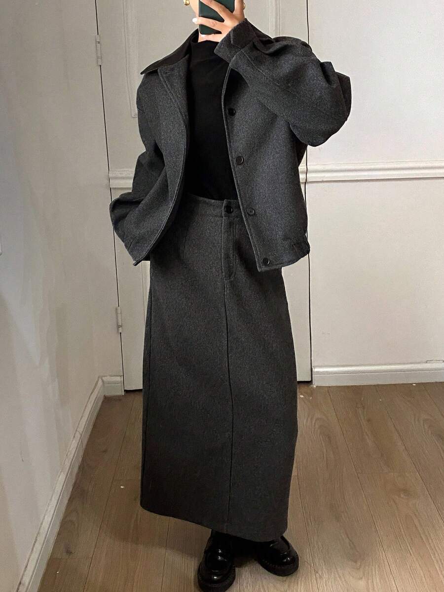 Livesso Women's Autumn/Winter Wool Blend Jacket And A-Line Skirt Two Pieces Suit, Loose Fit Business Casual Commuter Fashion