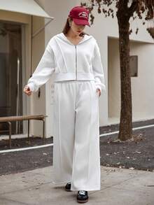 Calvaya Plus Size Casual Solid Color Short Hoodie And Wide Leg Pants Set - White - View 5