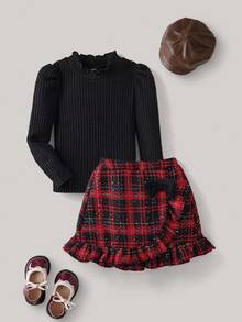 PrepCrw 2 Stücke Elegantes, vielseitiges, klassisches Weihnachts-Set für Kleine Mädchen in Rot, Grün und Schwarz kariert mit Rüschensaum Rock und schwarzem Rollkragen Shirt mit Puffärmeln, geeignet für Freizeitausflüge, Zusammenkünfte, Feiertage, Herbst und Winter - Verschiedenfarbig - Übersicht 2