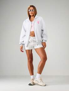Missguided x Playboy 全拉链连帽衫，配有抽绳兜帽和中央口袋休闲运动衫 - 淺灰色 - 查看 5