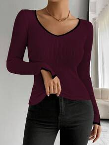 Celisse Black Trim, Slit Cuff, Casual Fitted Women Sweater - Multicolor - View 5