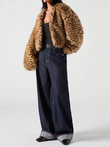 LYSMO 女式豹纹长袖宽松前开仿皮草时尚夹克 - 棕色 - 查看 4