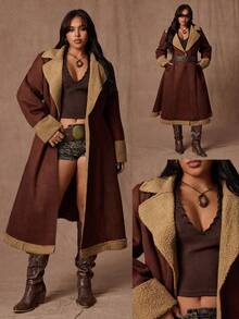 Rustia Veste mi-longue épaisse à la taille cintrée,  et fausse laine d'agneau, colorbloquée, élégante et vintage, pour femmes grandes tailles, pour l'automne/hiver