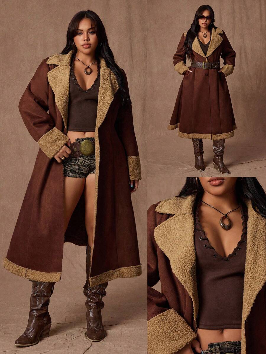 Rustia Veste mi-longue épaisse à la taille cintrée,  et fausse laine d'agneau, colorbloquée, élégante et vintage, pour femmes grandes tailles, pour l'automne/hiver