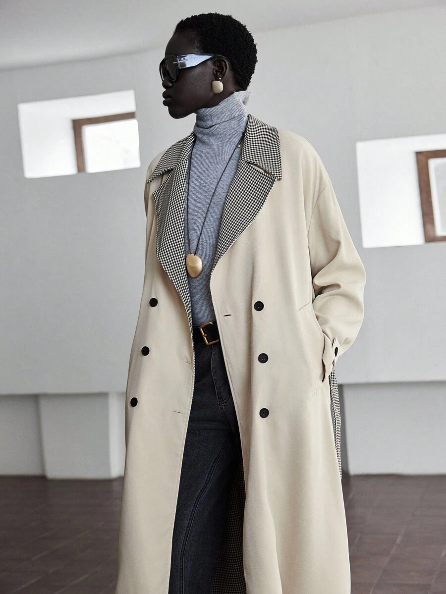 Lumivelle Abrigo de trinchera de manga larga con parches de cuadros en color caqui