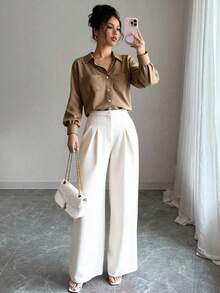 Franclia Áo sơ mi tay dài cài nút thanh lịch thời trang dành cho nữ - màu nâu - Xem 4