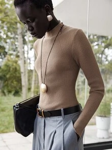 SHEIN Luminelle 女士优雅时尚简约百搭通勤立领罗纹针织毛衣，秋冬 - 卡其色 - 查看 3