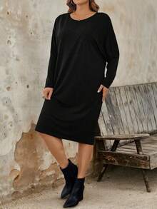 Plus Size Casual Fitted Crew Neck Knit Dress For Women