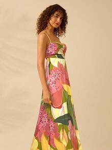 CAJUNI 女士波西米亚风彩色热带植物印花无袖露背系腰连衣裙，休闲沙滩度假夏季连衣裙，缤纷伊甸园连衣裙，女士彩色连衣裙，多色连衣裙，花园派对连衣裙，女士长款夏季连衣裙。 - 彩色 - 查看 4