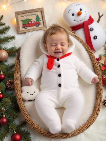 SHEIN 0-9个月新生婴儿男孩女孩可爱白色蓬松长袖连体衣，圣诞雪人设计，柔软舒适，休闲，时尚，实用，多功能，理想的礼物，冬季服装，适合户外/度假