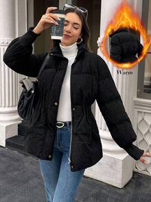 SHEIN LUNE Damen Lässig Pendler einfarbige Reißverschluss-Steppjacke, warm gefüttert, Winter - Schwarz - Übersicht 5