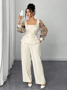 Elenzga Plus Size Women Elegant Contrast Mesh Embroidered Long Sleeve Blouse And High Waist Wide Leg Pants 2 Pieces Set - Apricot - View 4