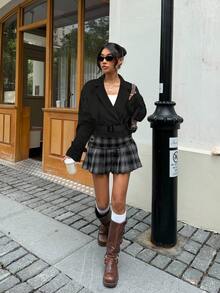 Muchica 秋冬女士休闲黑色长袖双排扣系带风衣 - 黑色 - 查看 6