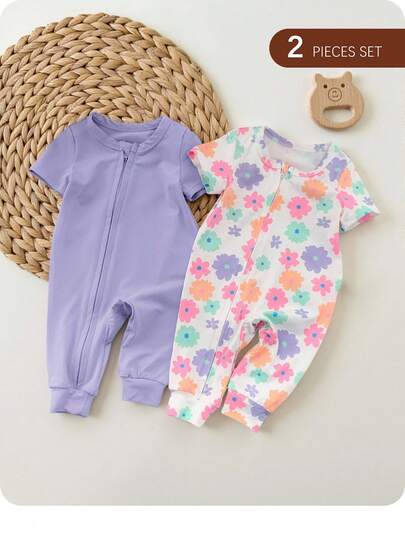 SHEIN Set de 2 piezas Mono de manga corta con estampado floral para bebé niña recién nacida