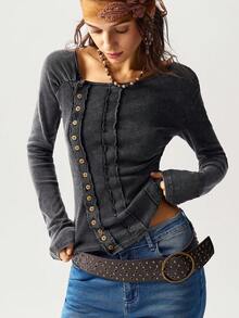 Bohemela Casual Solid Color Knit Versatile Neckline Design Long Sleeve Fitted Washed Women T-Shirt,Fall,Fall Clothes For Women