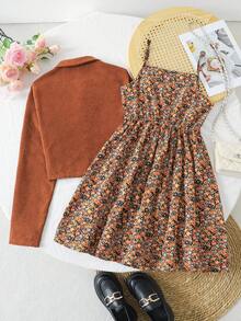 SHEIN Teen Girls Casual Woven Long Sleeve Shirt Top And Ditsy Floral Slip Dress 2-Piece Set/Christmas,Holiday/Family Day/Happy New Year