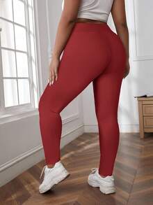 SHEIN LUNE Quần legging cạp cao màu trơn cỡ lớn cho nữ thường ngày, quần áo tập gym, đồ thể thao nữ, quần legging cạp cao cho nữ, quần legging đỏ, quần legging tập gym cho nữ, quần legging nữ - Đỏ - Xem 2