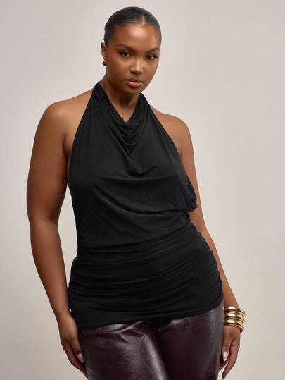 MUSERA Top con cuello de cowl, cuello halter con lazo y espalda baja, talla grande, para otoño e invierno, ideal para salir, sexy para Navidad