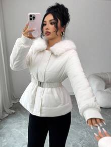 GlowEve 女式优雅连帽束腰简约纯色流苏长袖棉服外套，秋冬 - 米色 - 查看 3