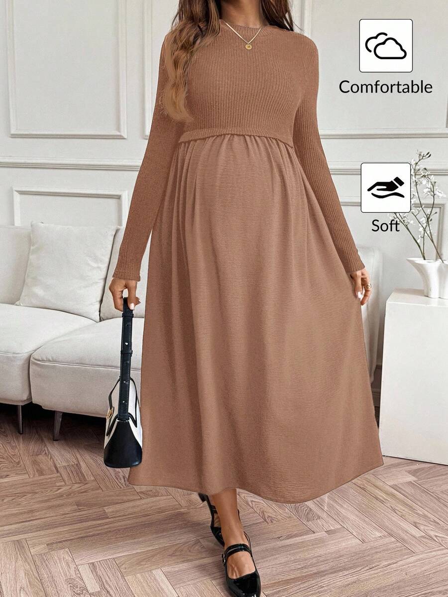 SHEIN 孕妇纯色圆领长袖休闲连衣裙 - 卡其色 - 查看 1
