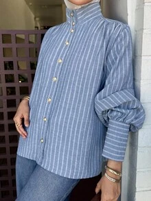 DAZY 女士优雅条纹立领灯笼袖衬衫，秋季长袖上衣，端庄时尚 - 藍色 - 查看 7