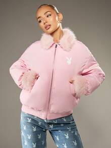 Missguided x Playboy 超大号羽绒冬季大衣，配有人造毛领和袖口，带衬垫外套 - 粉色 - 查看 1