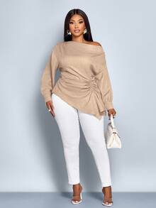 SOLERSUN Áo cánh thời trang mùa thu đông màu trơn tay dài không đối xứng, cổ bẻ, dây rút bên hông, viền bất đối xứng, vải dệt màu xanh lam, dùng để mua sắm và hẹn hò cho nữ cỡ lớn - Màu Khaki - Xem 5