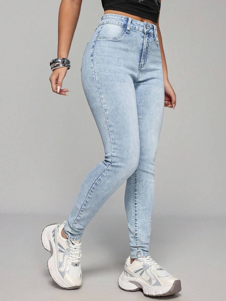 SHEIN Unity Women's Mid-Waist Slim Fit Blue Casual Versatile Denim Jeans - Light Wash - View 1