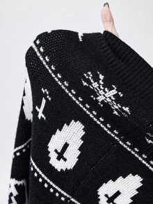 ROMWE Goth Suéter de malha com caveira gótica grande, gato preto, pentagrama, estilo punk, unissex, adequado para Halloween, outono/inverno - Preto - Ver 8