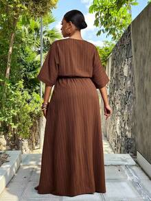 Veslaya Plus Size Women's Solid Color Overlap V-Neck Batwing Sleeve Casual Dress