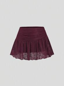 Sweetra 女士欧美时尚纯色蕾丝荷叶边喇叭袖蛋糕裙套装，适合日常穿着和度假穿着 - 酒紅色 - 查看 6