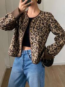 Livesso Women's Elegant Loose Jacket With Animal Print, Thermal Lining, Color Blocking, Suitable For Business Casual, New Year, Christmas, Autumn/Winter Leopard Print Women Coats - Brown - View 4