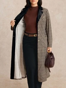 Nubod Plus Size Women Striped Lapel NeckLong Sleeve Metal Button Design Elegant Long Fashionable Jacket, Autumn/Winter