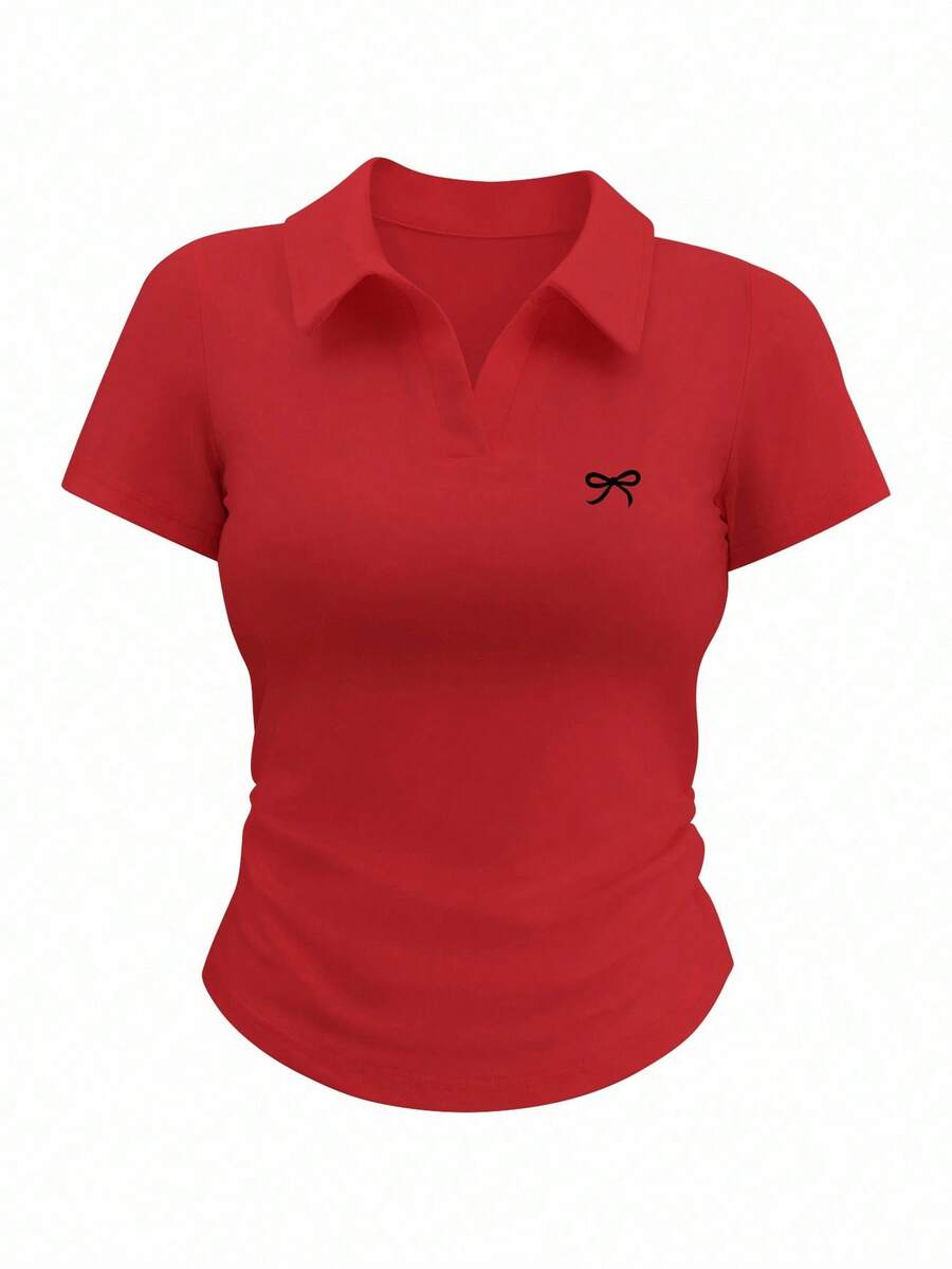 SHEIN EZwear 女式蝴蝶结刺绣修身 Polo 领休闲短袖 T 恤 - 紅色 - 查看 1