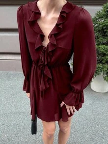 Pariaura Váy trơn cổ chữ V tối giản thanh lịch dành cho nữ - Màu Đỏ Sâu - Xem 5