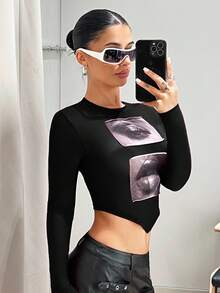 SHEIN ICON Women's Eyes And Lips Printed Cropped Black Top - Black - View 6