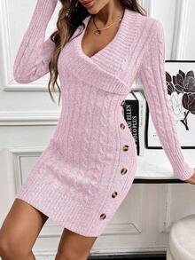 EMERY ROSE Collared Knit Long Sleeve Comfortable Sweater Dress - Pink - View 7