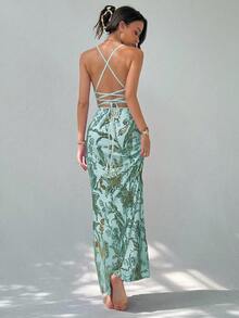 Aloruh 女式性感露背花卉亮片拼接细肩带连衣裙，度假风格 - 綠色 - 查看 2