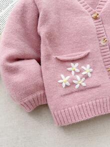 Blossori Young Girls' French Elegant Floral Embroidered Pocket Front Button Knit Cardigan - Pink - View 6