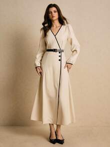 Poéselle 女士V领灯笼袖单排扣优雅长裙 - 杏色 - 查看 6