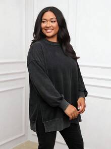 SHEIN PETITE CURVE Plus Size Solid Color Round Neck Casual Versatile Long Sleeve Sweatshirt Winter Clothes Women Rave Outfits Winter Clothes For Women Tops Hoodies Plus Size Sweatshirts Oversized Tops Full Length Tops Basic Tops