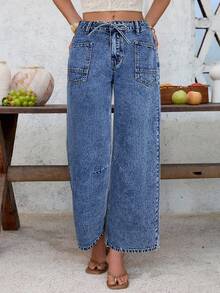 EMERY ROSE Women's Casual Low Waist Pink Cropped Jeans Baggy Jeans Y2k Cowgirl Jeans Barrel Jeans Wide Leg Jeans Woman Loose Jeans - Medium Wash - View 6