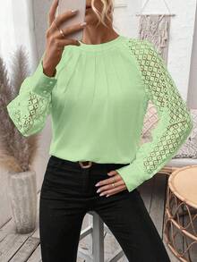 EMERY ROSE Women's Solid Color Minimalist Daily Wear Round Neck Hollow Long Sleeve Blouse - Mint Green - View 6
