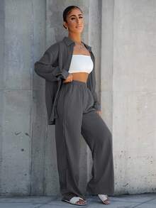 SAYEHFBABY 2pcs Women Solid Color Long Sleeve Single-Breasted Shirt And Pants Casual Suit, Autumn - Grey - View 5