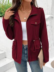 EMERY ROSE Casual Solid Color Raglan Zip-Up Waist Jacket, Autumn