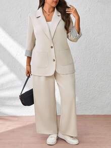 SHEIN Tall CURVE 大码休闲通勤夹克和裤子套装 - 卡其色 - 查看 3