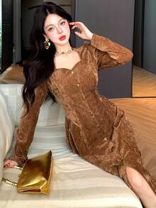 DAZY Women's Elegant Vintage Front Button Waist Cinched Dress Prom Dress - Brown - View 2