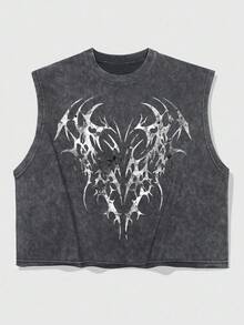 ROMWE MEN Street Life 男士印花宽松圆领无袖上衣，夏季 - 深灰色 - 查看 4