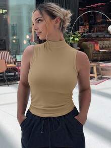 Jeta Ari Women High Neck Bodycon Sleeveless Tank Top Preppy Tops - Khaki - View 6
